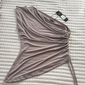 Fashion Nova One-Shoulder Ruched Top in Taupe